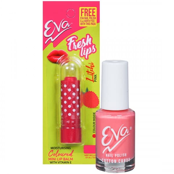 Eva Fresh Lips Moisturising Litchi Coloured Mini Lip Balm with Vitamin E (Free Eva Nail Polish 6 ml) 1.2 g