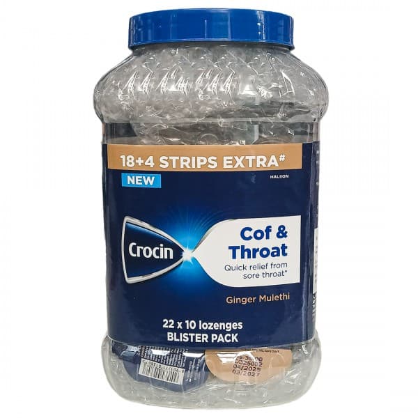 Crocin Cof & Throat Ginger Mulethi Jar (Free 4 Strips) Pack Of 18 x 10 Lozenges