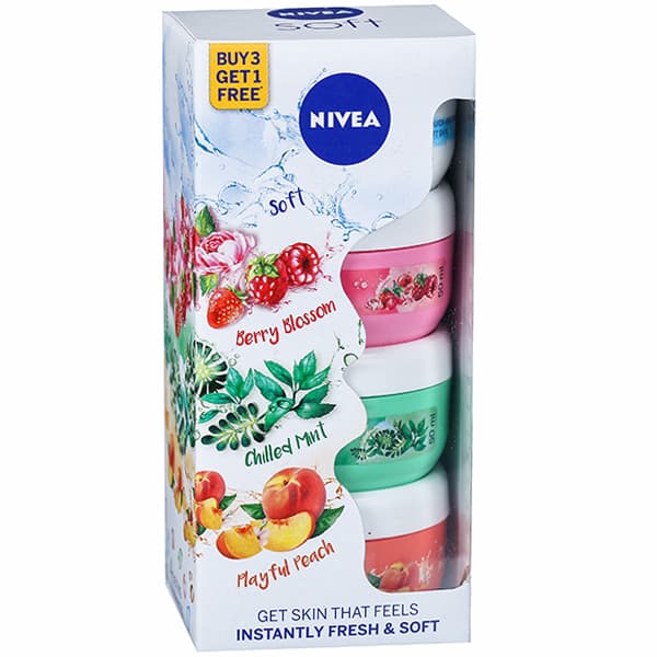 Nivea Soft Light Moisturiser (Buy Berry Blossom, Chilled Mint, Playful Peach Get Nivea Soft Free) 4 x 50 ml