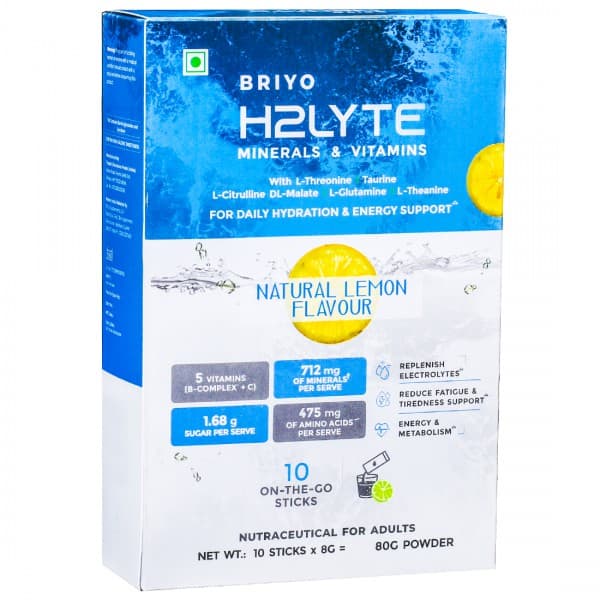 Briyo H2Lyte Electrolytes With Vitamins, Minerals & Amino Acids Natural Lemon Flavour Powder 10 Sachets