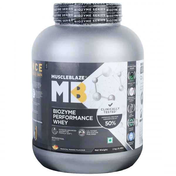 MuscleBlaze Biozyme Performance Whey Magical Mango Flavour Powder Jar 2 Kg