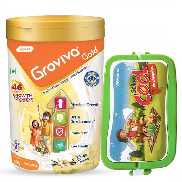 Groviva Gold 2+ Years Vanilla Flavour Jar With Superfood Heroes Lunch Box 400 g