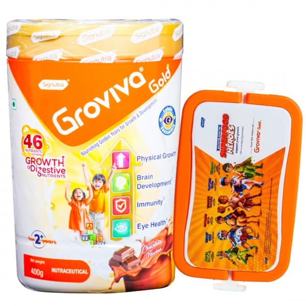 Groviva Gold 2+ Years Chocolate Flavour Jar With Superfood Heroes Lunch Box 400 g