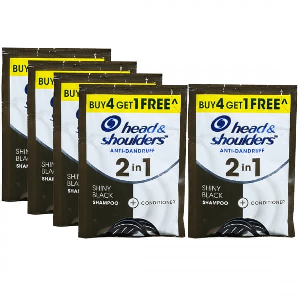 Head & Shoulders 2 in 1 Anti-Dandruff Shiny Black Shampoo + Conditioner (Buy 4 Get 1 Free) 5 x 9 ml