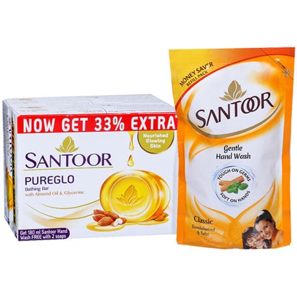 Santoor Pureglo Almond Oil & Glycerine Bathing Bar (Free 33% Extra & Santoor Hand Wash 180 ml) 2 x 75 g