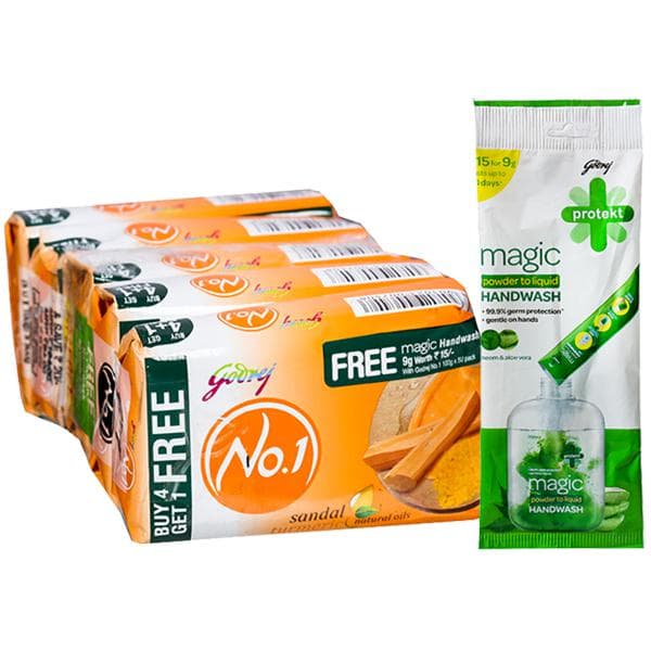 Godrej No.1 Sandal And Turmeric Soap (Buy 4 Get 1 & Godrej Magic Handwash 9 g Free) 5 x 100 g