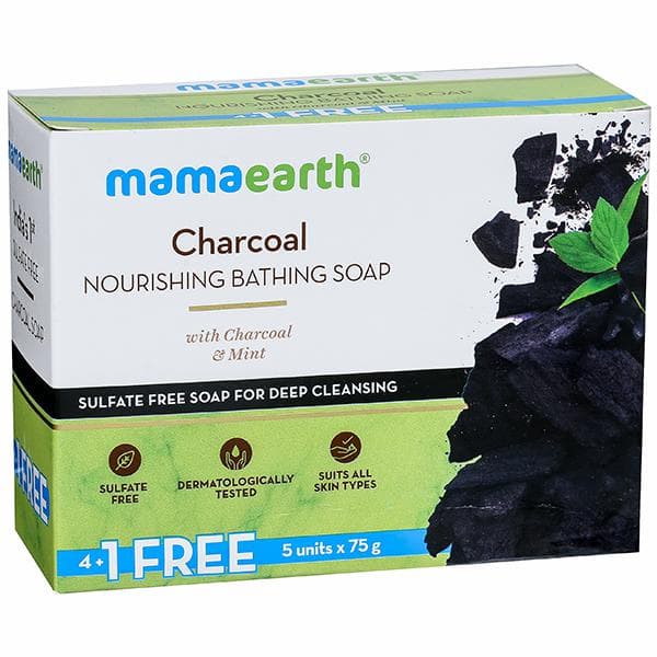 Mamaearth Charcoal Nourishing Bathing Soaps with Charcoal & Mint (4 + 1 Free) 5 x 75 g