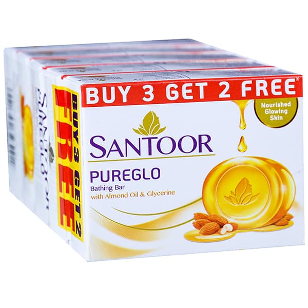 Santoor Pureglo Almond Oil & Glycerine Bathing Bar (Buy 3 Get 2 Free) 5 x 75 g
