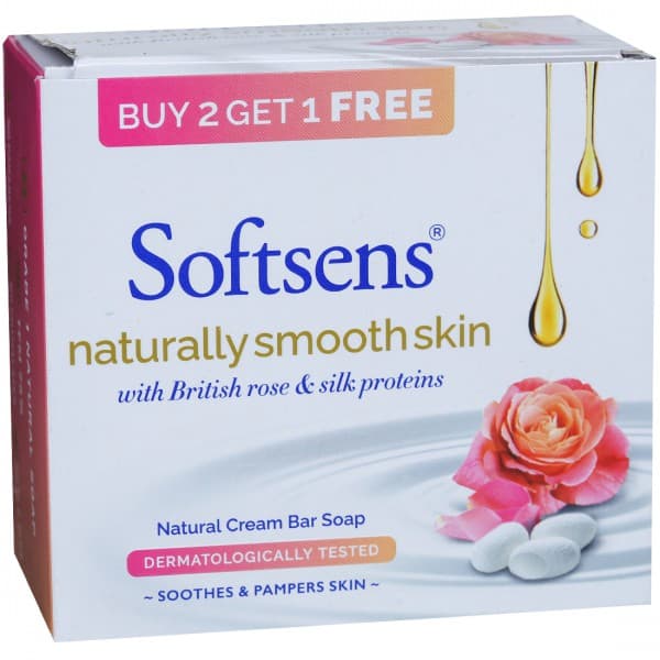 Softsens Naturally Smooth Skin with British Rose & Silk Proteins Natural Cream BarSoap(Buy2Get1Free) 3 x 100 g