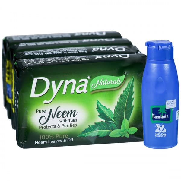 Dyna Naturals Pure Neem with Tulsi Protects & Purifies Soap (Free Parachute Pure Coconut Oil 25 ml) 4 x 100 g