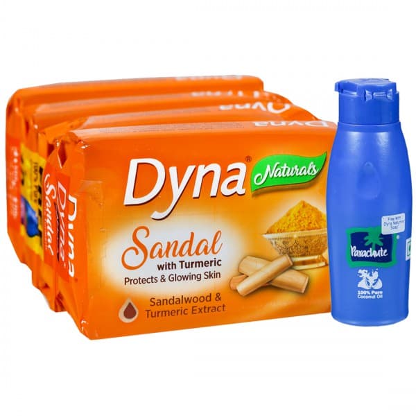 Dyna Naturals Sandal with Turmeric Protects & Glowing Skin Soap (Free Parachute Pure CoconutOil25ml) 4 x 100 g