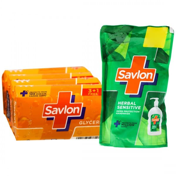 Savlon Glycerin Bathing Bar (Buy 3 Get 1 Free & Get Savlon Herbal Handwash Pouch 175 ml) 4 x 125 g