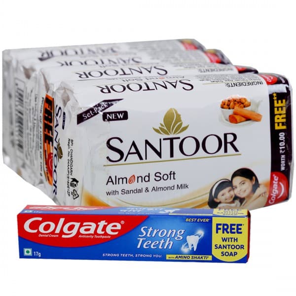 Santoor Almond Soft with Sandal & Almond Milk Soap (Free Colgate Strong Teeth Toothpaste 17 g) 4 x 100 g