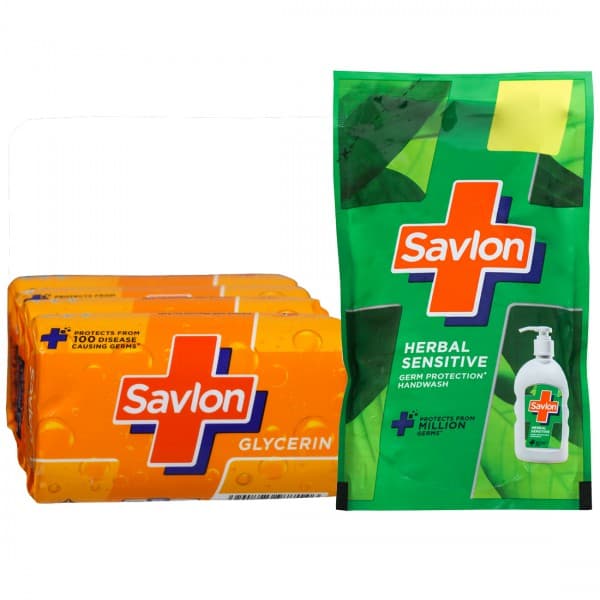 Savlon Glycerin Bathing Bar (Buy 3 Get 1 Free & Get Savlon Herbal Handwash Pouch 175 ml) 4 x 75 g