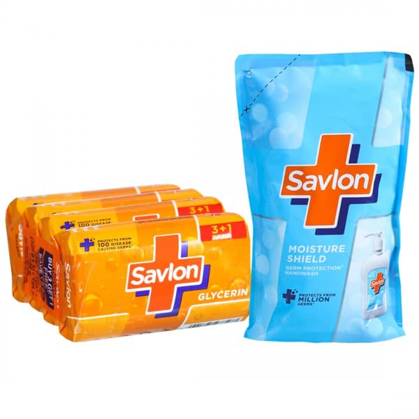 Savlon Glycerin Bathing Bar (Buy 3 Get 1 Free & Get Savlon Moisture Shield Handwash Pouch 175 ml) 4 x 125 g