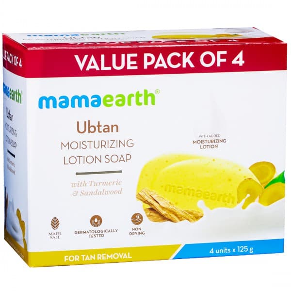 Mamaearth Ubtan Moisturizing Lotion Soap with Turmeric & Sandalwood for Tan Removal (Value Pack) Pack of 4 x 125 g