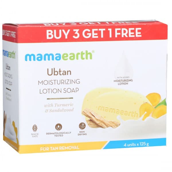 Mamaearth Ubtan Moisturizing Lotion Soap with Turmeric & Sandalwood for Tan Removal (Buy 3 Get 1 Free) 4 x 125 g