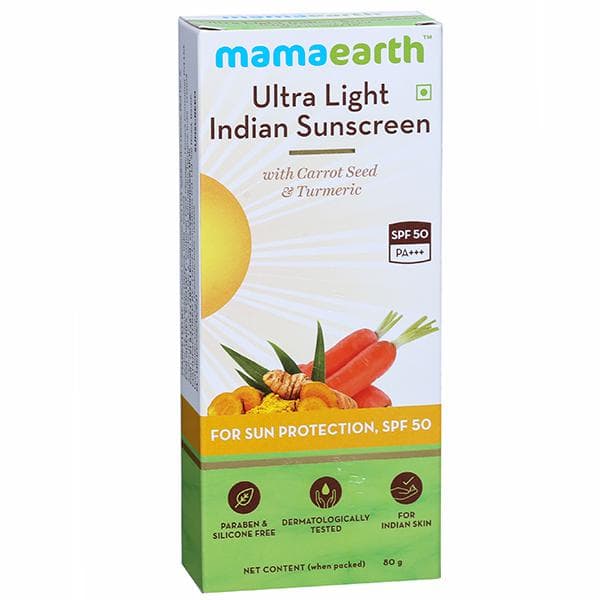 Mamaearth Ultra Light Indian Sunscreen Spf 50 PA+++ with Carrot Seed & Turmeric for Sun Protection 80 g