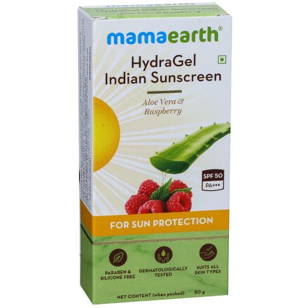 Mamaearth HydraGel Indian Sunscreen Spf 50 PA+++ with Aloe Vera & Raspberry for Sun Protection 50 g
