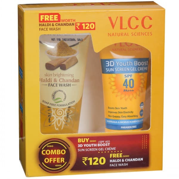 Vlcc 3D Youth Boost Sun Screen Spf 40 pa+++ Gel Cream (Free Vlcc Haldi Chandan Face Wash 100 g) 50 g
