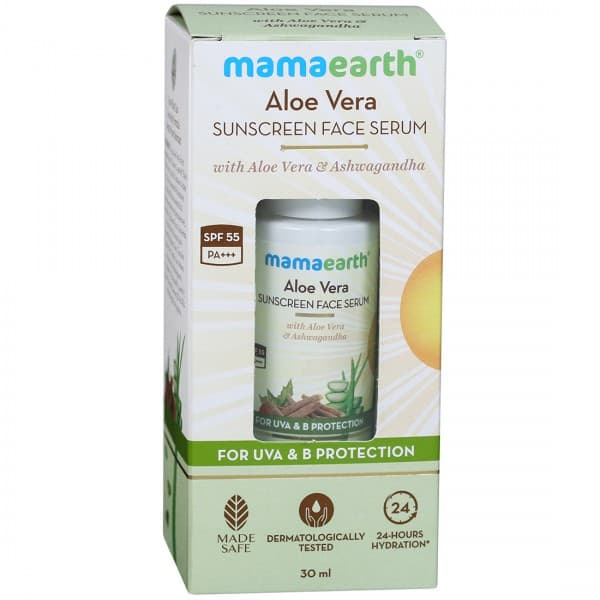 Mamaearth Aloe Vera Sunscreen Face Serum Spf55+++with Aloe Vera & Ashwagandha for UVA & B Protection 30 ml