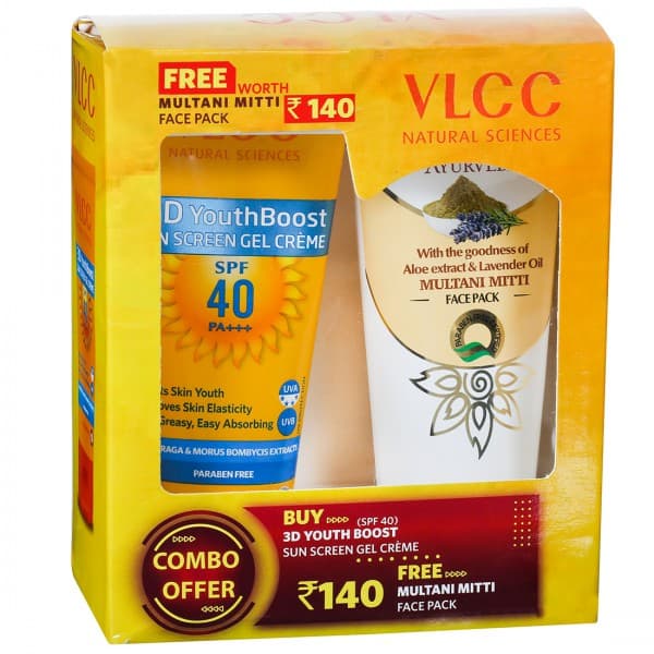 Vlcc 3D Youth Boost Sun Screen Spf 40 pa+++ Gel Cream (Free Vlcc Multani Mitti Face Pack 100 g) 100 g