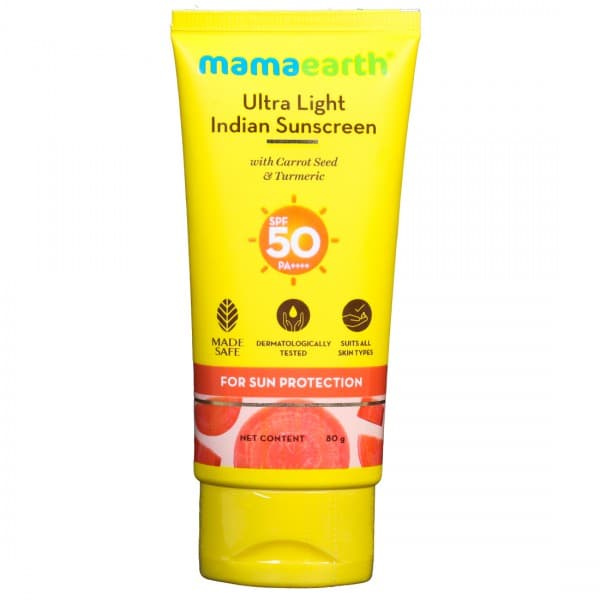 Mamaearth Ultra Light Indian Sunscreen Spf 50 PA++++ with Carrot Seed & Turmeric for Sun Protection 80 g