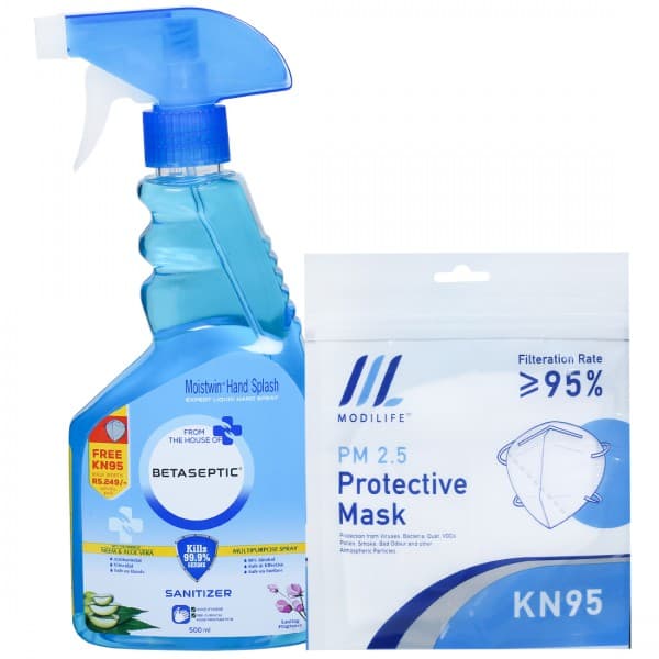 Betaseptic Moistwin Hand Splash Sanitizer Spray With Neem & Aloe Vera (Free KN95 Mask Worth Rs 249) 500 ml