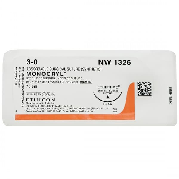 Monocryl 3-0 NW1326 Absorbable Surgical Suture (Synthetic) 70 cm (Ethiprime 26 mm 3/8 Circle Cutting)