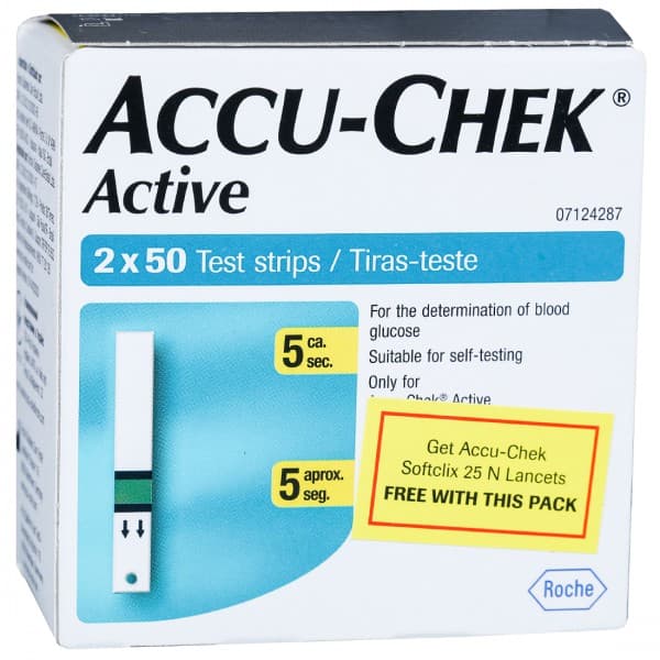 Accu Chek Active Test Strips (Free Accu Chek Softclix Lancets Pack of 25) Pack of 2 x 50