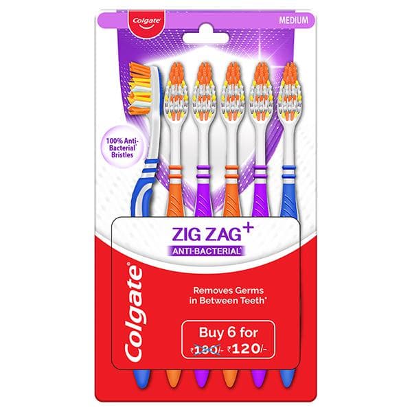 Colgate Zigzag + Anti-Bacterial Medium Toothbrush Pack Of 6