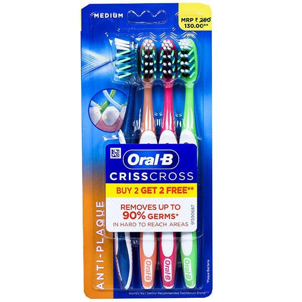 Oral B CrissCross Anti-Plaque Toothbrush Medium (Buy 2 Get 2 Free) Pack Of 4