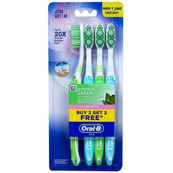 Oral B Sensitive Ultrathin Green Extra Soft Toothbrush (Buy 2 Get 2 Free) Pack Of 4