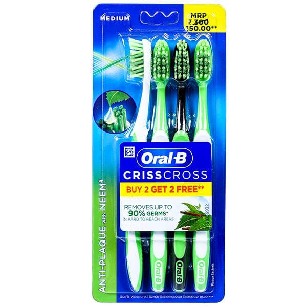 Oral B CrissCross Anti-Plaque with Neem Medium Toothbrush (Buy 2 Get 2 Free) Pack Of 4
