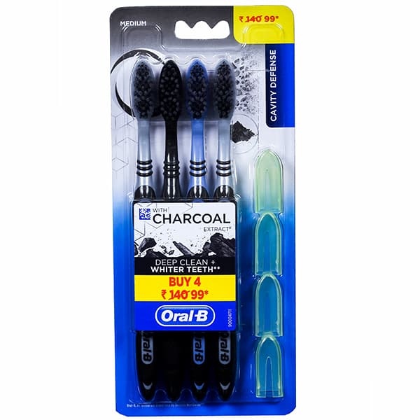 Oral B Cavity Defense Deep Clean + Whiter Teeth with Charcoal Extract Medium Toothbrush Pack Of 4