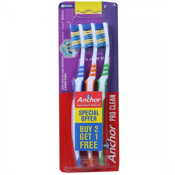 Anchor Pro Clean DuPont Tynex Bristles Medium Toothbrush (Buy 2 Get 1 Free) Pack Of 3