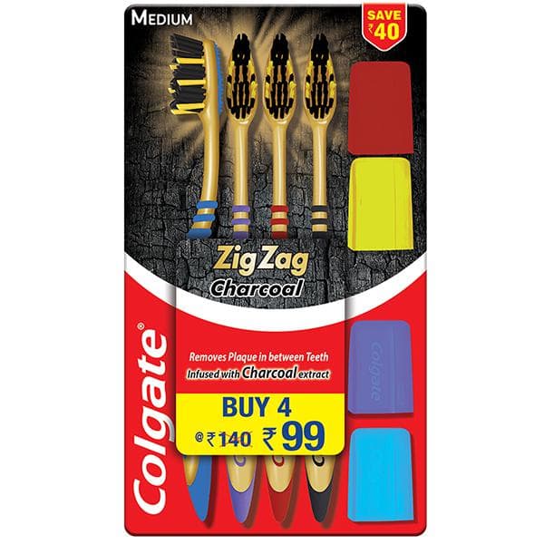 Colgate Zigzag Charcoal Medium Toothbrush Pack Of 4