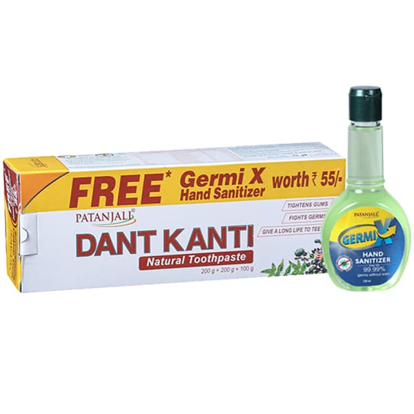 Patanjali Dant Kanti Natural Toothpaste (Free Germi X Hand Sanitizer 120 ml) (2 x 200 g + 100 g)
