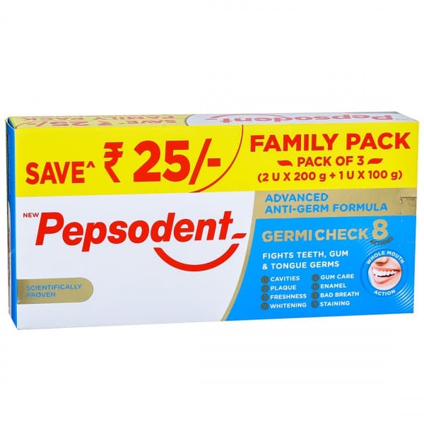 Pepsodent Germi Check 8 Action Advanced Anti-Germ Formula Toothpaste 2 x 200 g + 100 g (Save Rs 25) 500 g