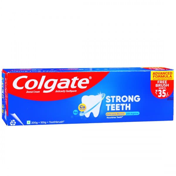 Colgate Strong Teeth Anticavity Toothpaste (200 g + 100 g + Free Toothbrush Worth Rs. 35) 300 g