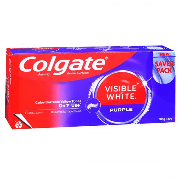 Colgate Visible White Purple Anticavity Fluoride Toothpaste (Saver Pack) 200 g + 40 g