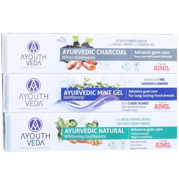 Ayouthveda Ayurvedic Charcoal White & Mint Gel & Natural Whitening Toothpaste Combo Pack Of 3 x 100 g