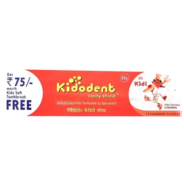 Kidodent Cavity Shield Strawberry Flavour Toothpaste (Free Kids Soft Toothbrush) 60 g