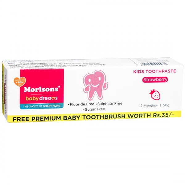 Morisons Baby Dreams Sugar Free Strawberry Kids Toothpaste 12 Months+ (Free Premium Baby Toothbrush Worth Rs. 35) 50 g