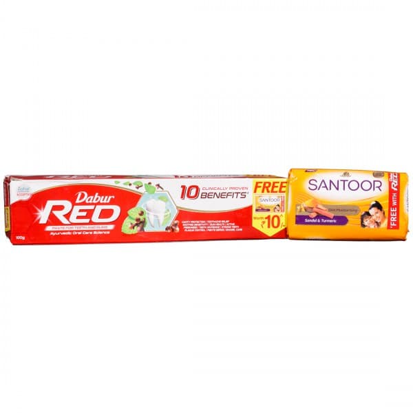Dabur Red Toothpaste (Free Santoor Skin Moisturising Sandal & Turmeric Soap 37 g Worth Rs. 10) 100 g