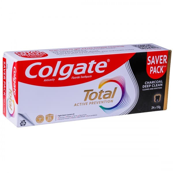 Colgate Total Active Prevention Charcoal Deep Clean Anticavity Fluoride Toothpaste (Saver Pack) 2 x 150 g