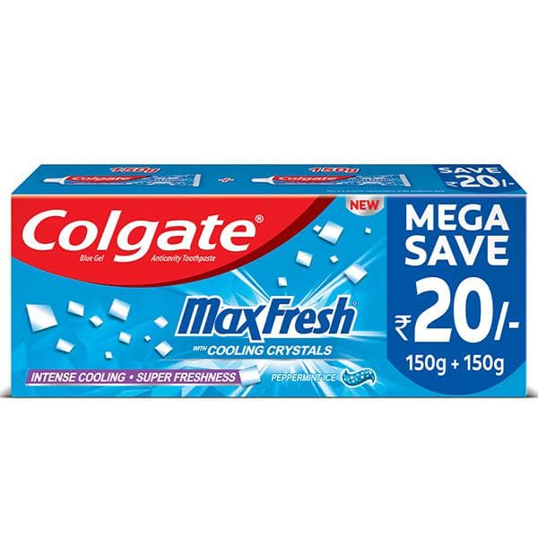 Colgate MaxFresh Anticavity Blue Gel Toothpaste,Pepermint Ice (Mega Save Rs.20/-) 2 x 150 g