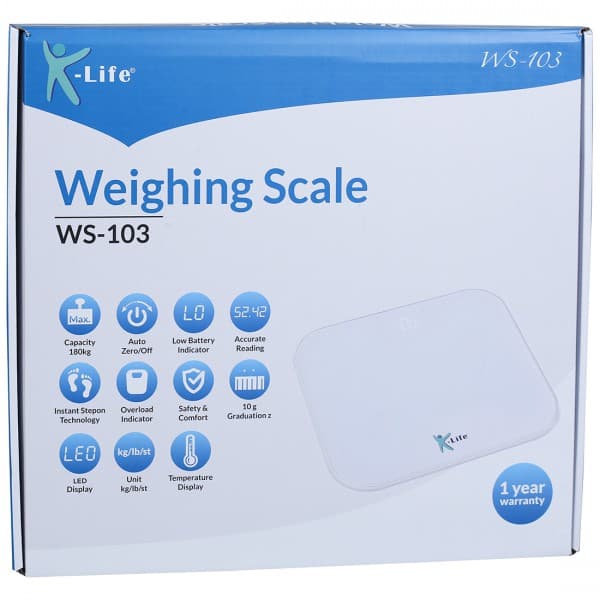K-Life Personal Weighing Scale WS-103 (288 x 238 x 26 mm) 180 kg