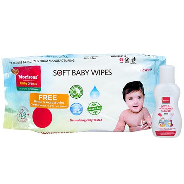 Morisons Soft Baby Wipes 140 mm x 190 mm (Free Bottle & Accessories Cleaner 25 ml) Pack Of 72