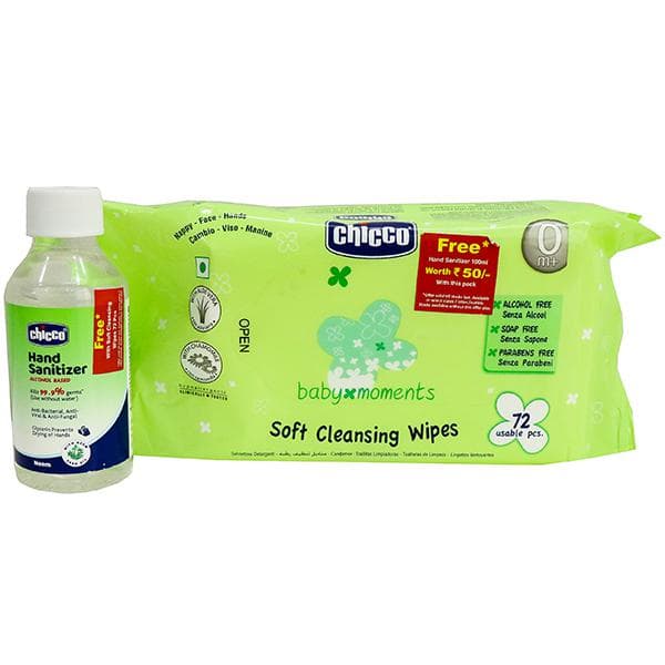 Chicco Baby Moments Soft Cleansing Wipes 20 cm x 15 cm (Free Chicco Neem Hand Sanitizer 100 ml) Pack Of 72